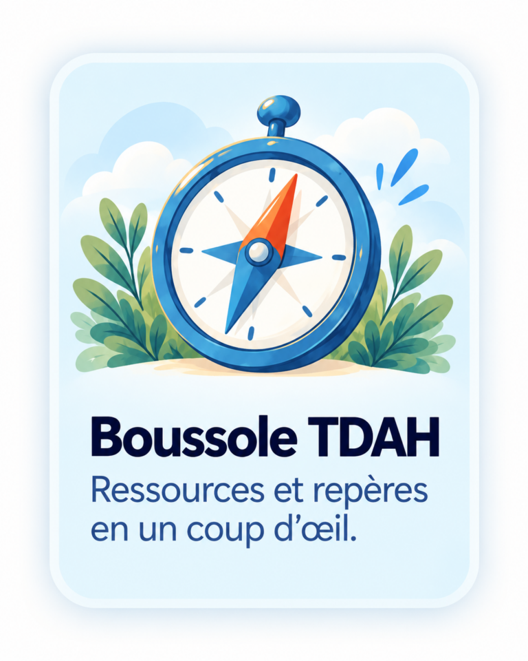 Carte illustrée Boussole TDAH sans flèche avec boussole bleue